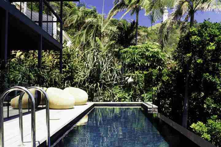 Sunny outdoor swimming pool in Byron Bay Villa, family accommodation Australia