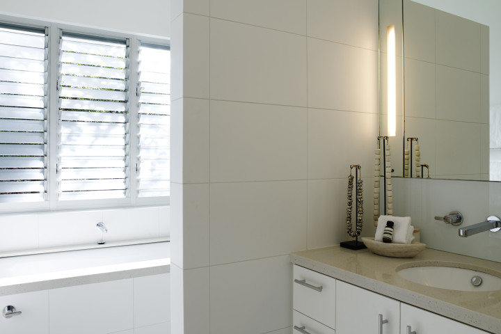 Vanity of bathroom in modern family Australian Whale beach house, Amaroo